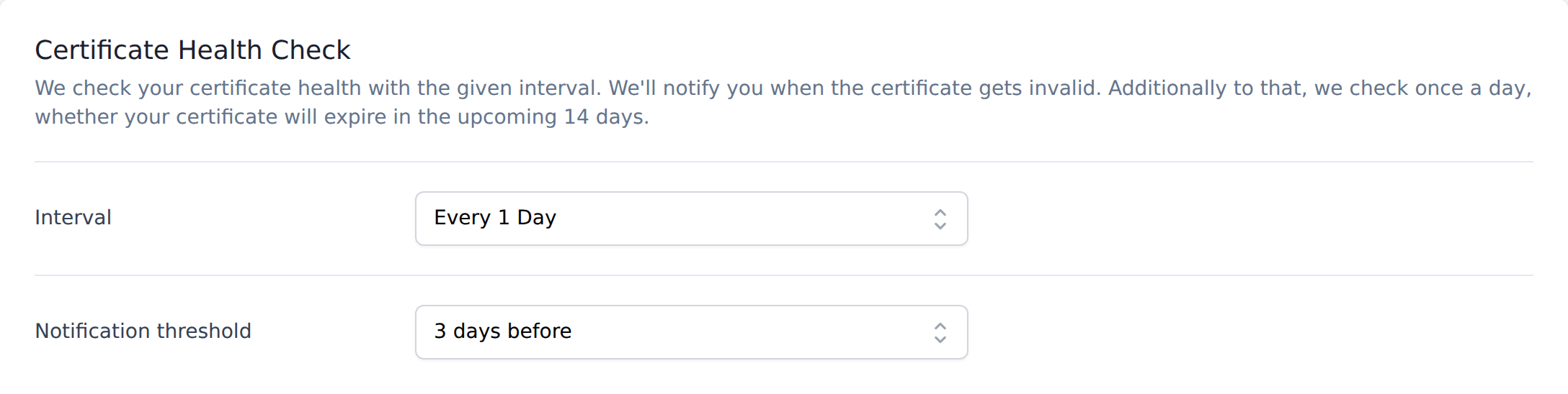 The Certificate Health Check section in PingPing settings, with the Notification threshold dropdown set to 3 days before expiry