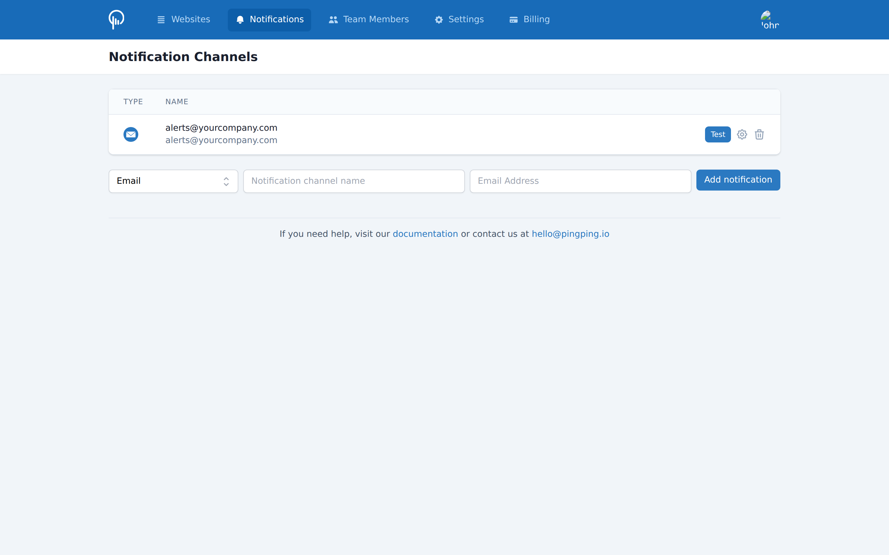 The PingPing Notification Channels page showing an email channel with a Test button, plus the inline form for adding a new channel
