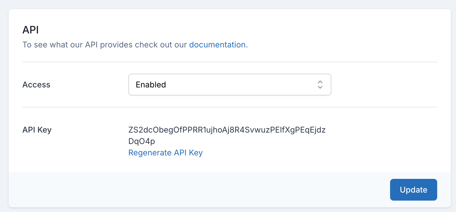 Block that shows API key settings